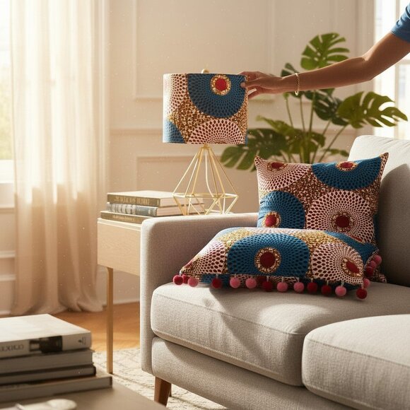 Wire table lamp upholstered with Ankara textile - Picture 3 of 9